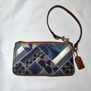 COACH Denim Patchwork Wristlet with Leather Strap and Tag